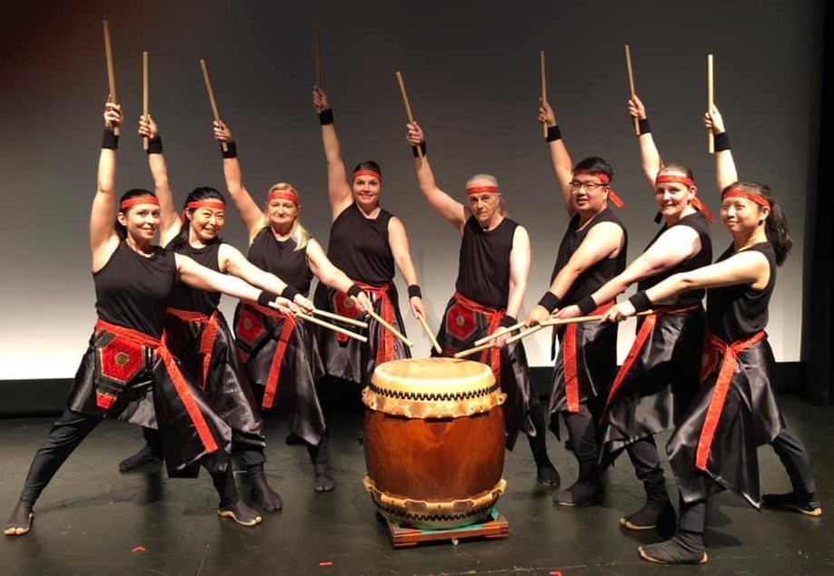 Taiko drummers inside performance 1