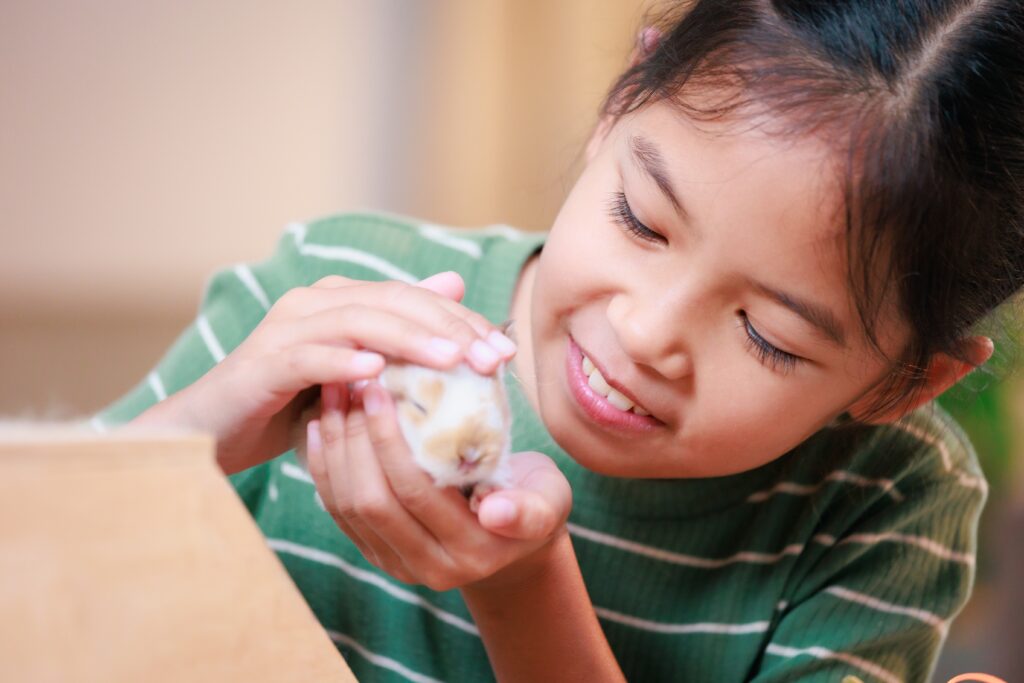 Asian,Child,Girl,Holding,Tiny,Bunny,In,Hand,With,Tenderness